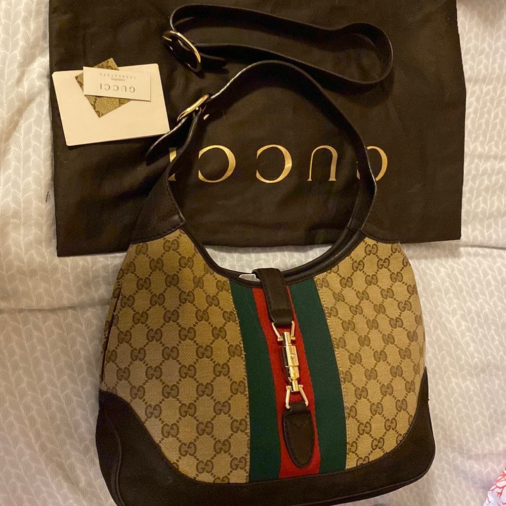 Authentic Gucci medium web Jackie O hobo brown classic canvass Gucci print EUC
